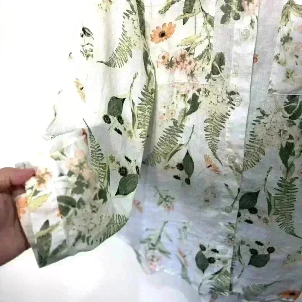 LORD & TAYLOR 100% Linen Floral Button Up Shirt Blouse Size  L or XL - Picture 5 of 6